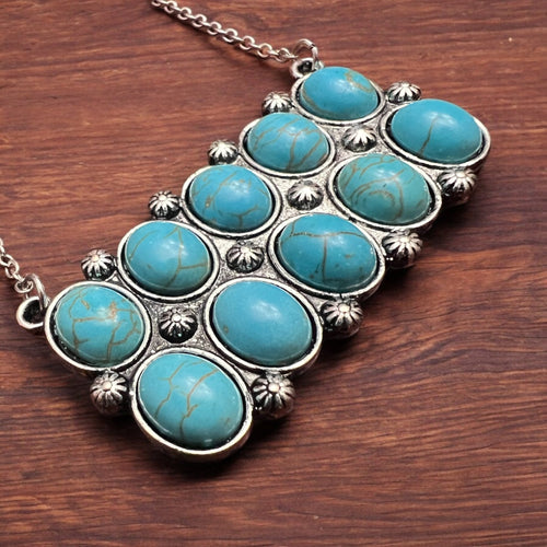 Western Rectangle Faux Turquoise Pendant Necklace - 18 inch - Cowhide and Conchos