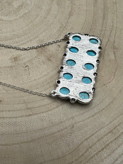 Western Rectangle Faux Turquoise Pendant Necklace - 18 inch - Cowhide and Conchos
