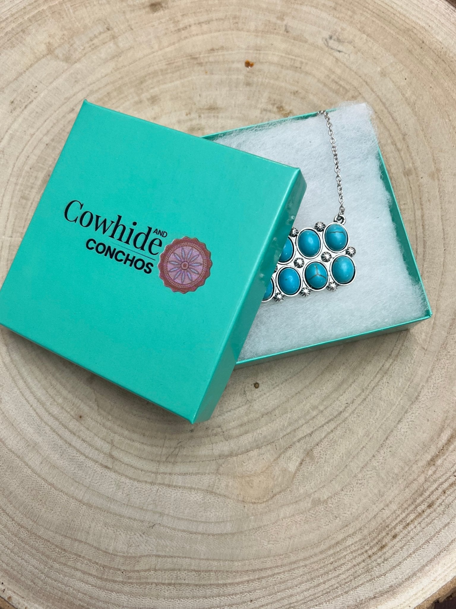 Western Rectangle Faux Turquoise Pendant Necklace - 18 inch - Cowhide and Conchos