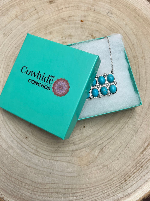 Western Rectangle Faux Turquoise Pendant Necklace - 18 inch - Cowhide and Conchos