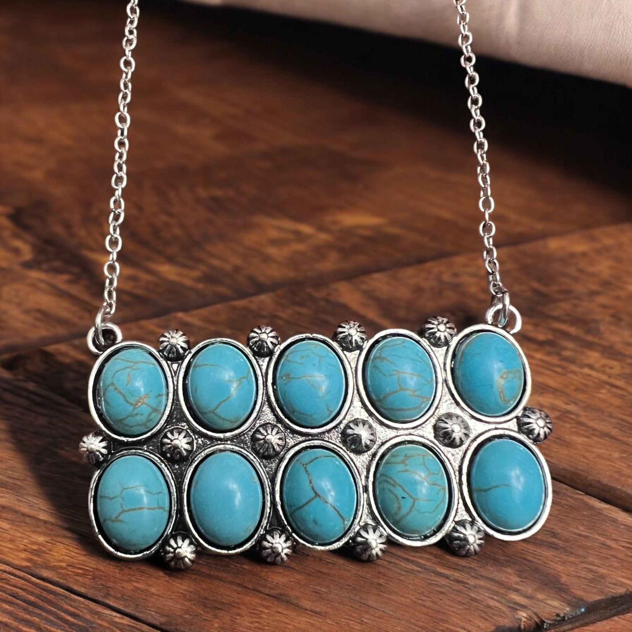 Western Rectangle Faux Turquoise Pendant Necklace - 18 inch - Cowhide and Conchos