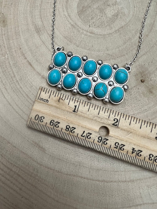 Western Rectangle Faux Turquoise Pendant Necklace - 18 inch - Cowhide and Conchos