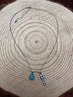 Western Rhinestone Cross and Faux Turquoise Dangle Necklace - 18 inch + 3 - Cowhide and Conchos