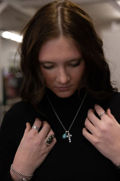Western Rhinestone Cross and Faux Turquoise Dangle Necklace - 18 inch + 3 - Cowhide and Conchos