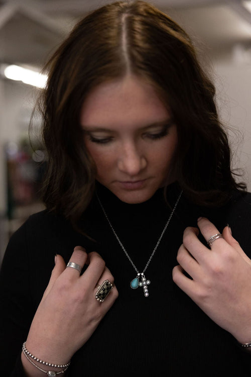 Western Rhinestone Cross and Faux Turquoise Dangle Necklace - 18 inch + 3 - Cowhide and Conchos