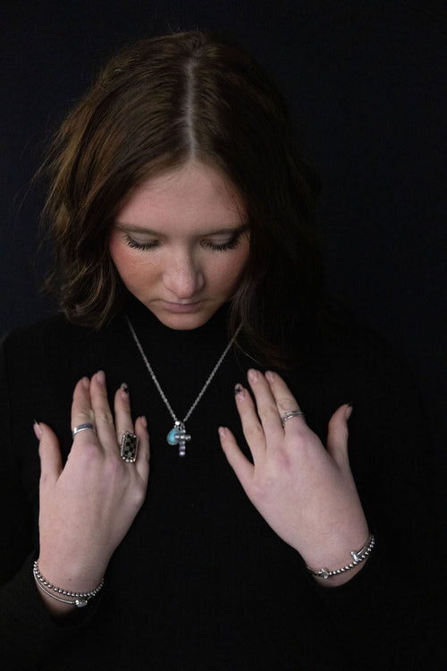 Western Rhinestone Cross and Faux Turquoise Dangle Necklace - 18 inch + 3 - Cowhide and Conchos