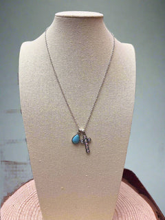 Western Rhinestone Cross and Faux Turquoise Dangle Necklace - 18 inch + 3 - Cowhide and Conchos
