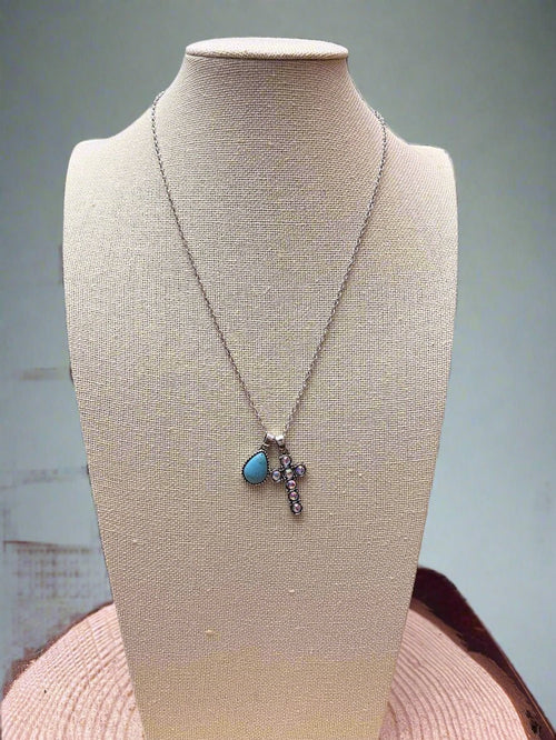 Western Rhinestone Cross and Faux Turquoise Dangle Necklace - 18 inch + 3 - Cowhide and Conchos