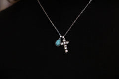 Western Rhinestone Cross and Faux Turquoise Dangle Necklace - 18 inch + 3 - Cowhide and Conchos