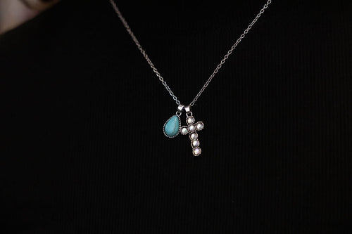 Western Rhinestone Cross and Faux Turquoise Dangle Necklace - 18 inch + 3 - Cowhide and Conchos