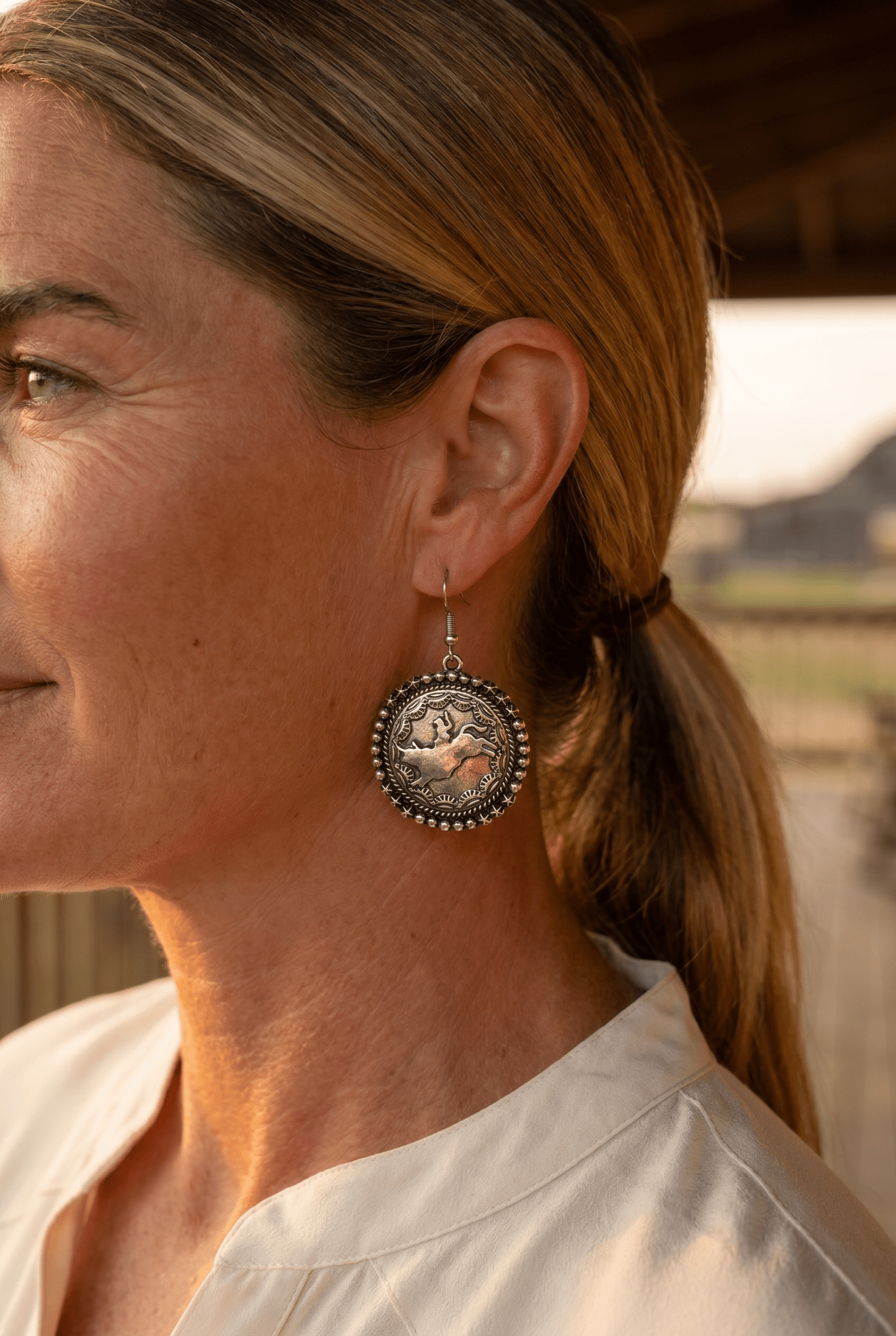 Western Rodeo Cowboy Pendant Earrings — Oxidized Silver Western Statement - Cowhide and Conchos