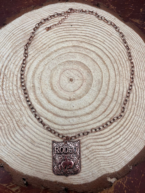 Western Rodeo Pendant Necklace (Brass color) - 22 inch + 3 - Cowhide and Conchos