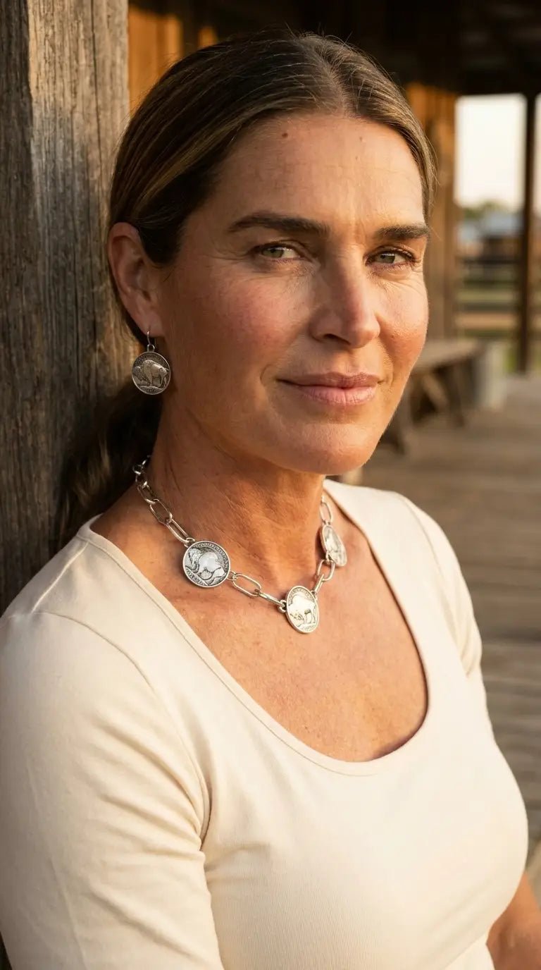 Western Rustic Buffalo Coin Choker & Earring Set — Burnished Silver Western Jewelry Duo - Cowhide and Conchos