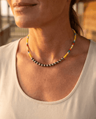 Western Seed Bead Choker with Faux Navajo Pearls — 13 Inch with Extender - Cowhide and Conchos