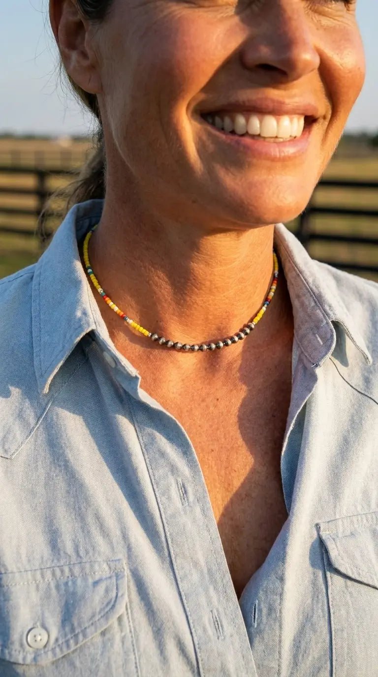Western Seed Bead Choker with Faux Navajo Pearls — 13 Inch with Extender - Cowhide and Conchos