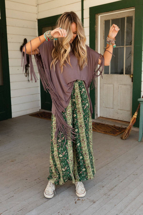Western Showstopper Fringe Top - Mocha - Cowhide and Conchos