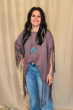 Western Showstopper Fringe Top - Mocha - Cowhide and Conchos