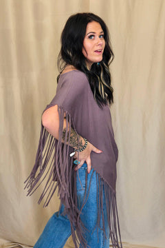 Western Showstopper Fringe Top - Mocha - Cowhide and Conchos