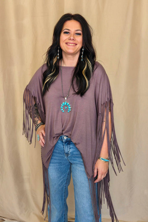Western Showstopper Fringe Top - Mocha - Cowhide and Conchos