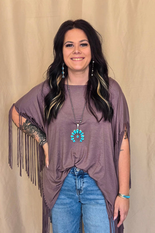 Western Showstopper Fringe Top - Mocha - Cowhide and Conchos