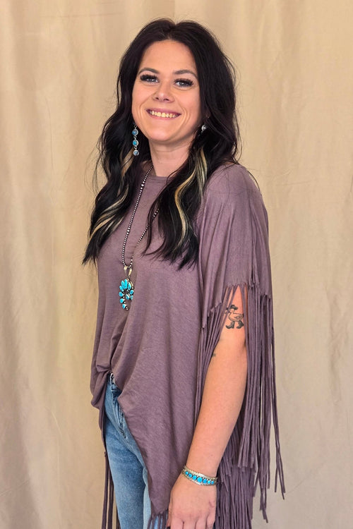 Western Showstopper Fringe Top - Mocha - Cowhide and Conchos