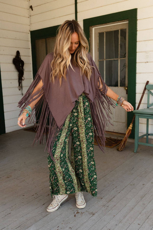 Western Showstopper Fringe Top - Mocha - Cowhide and Conchos