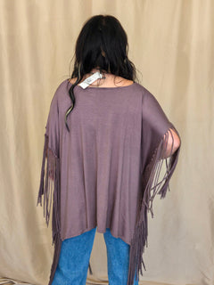 Western Showstopper Fringe Top - Mocha - Cowhide and Conchos