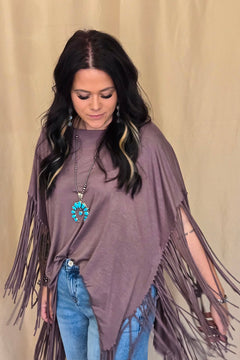 Western Showstopper Fringe Top - Mocha - Cowhide and Conchos