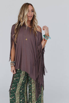 Western Showstopper Fringe Top - Mocha - Cowhide and Conchos