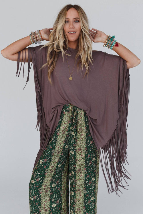 Western Showstopper Fringe Top - Mocha - Cowhide and Conchos