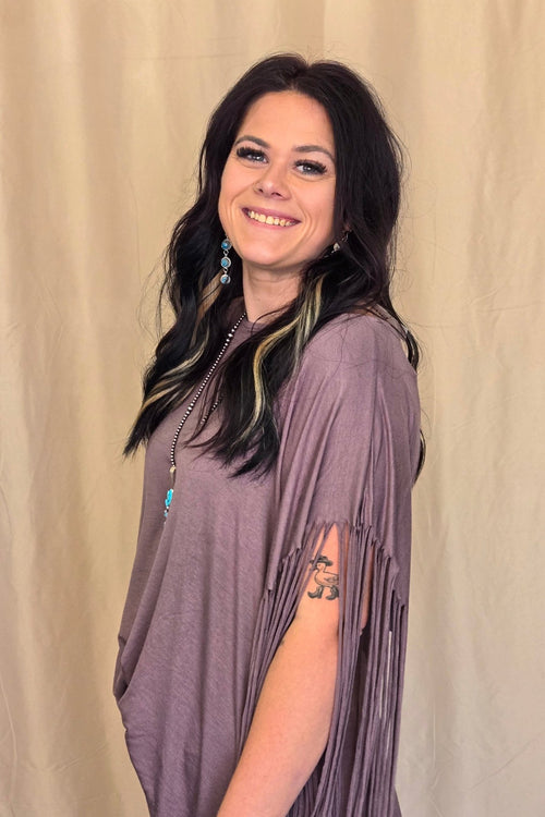 Western Showstopper Fringe Top - Mocha - Cowhide and Conchos