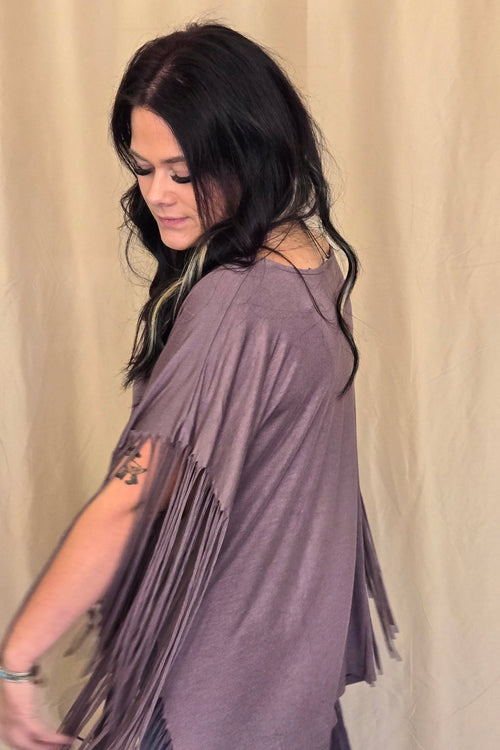 Western Showstopper Fringe Top - Mocha - Cowhide and Conchos
