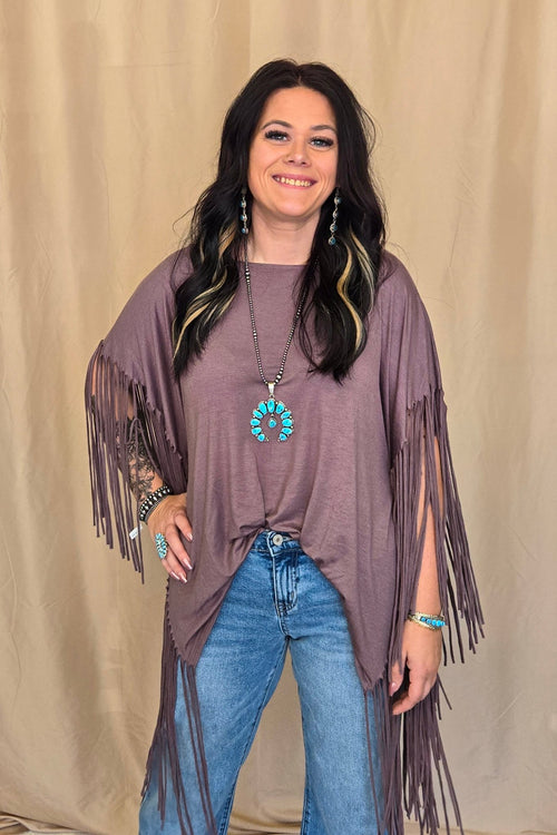 Western Showstopper Fringe Top - Mocha - Cowhide and Conchos