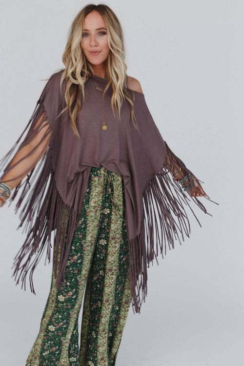 Western Showstopper Fringe Top - Mocha - Cowhide and Conchos
