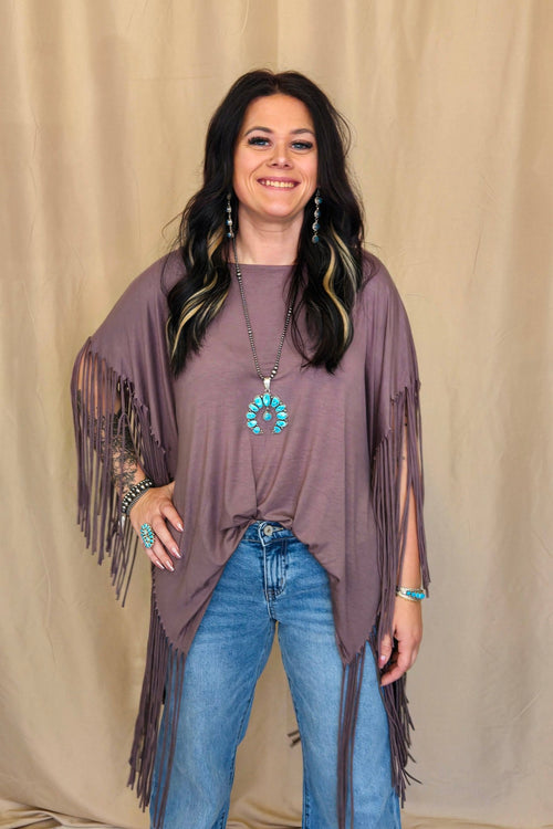 Western Showstopper Fringe Top - Mocha - Cowhide and Conchos