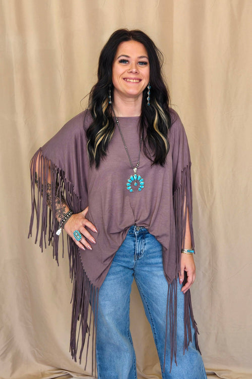 Western Showstopper Fringe Top - Mocha - Cowhide and Conchos