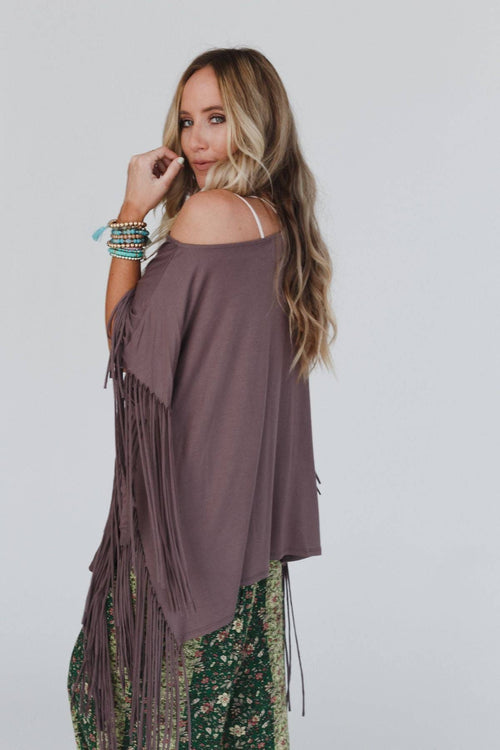 Western Showstopper Fringe Top - Mocha - Cowhide and Conchos