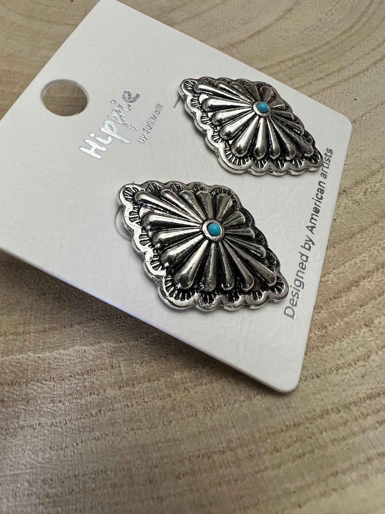 Western Silver & Faux Turquoise Diamond Concho Post Earrings - Cowhide and Conchos