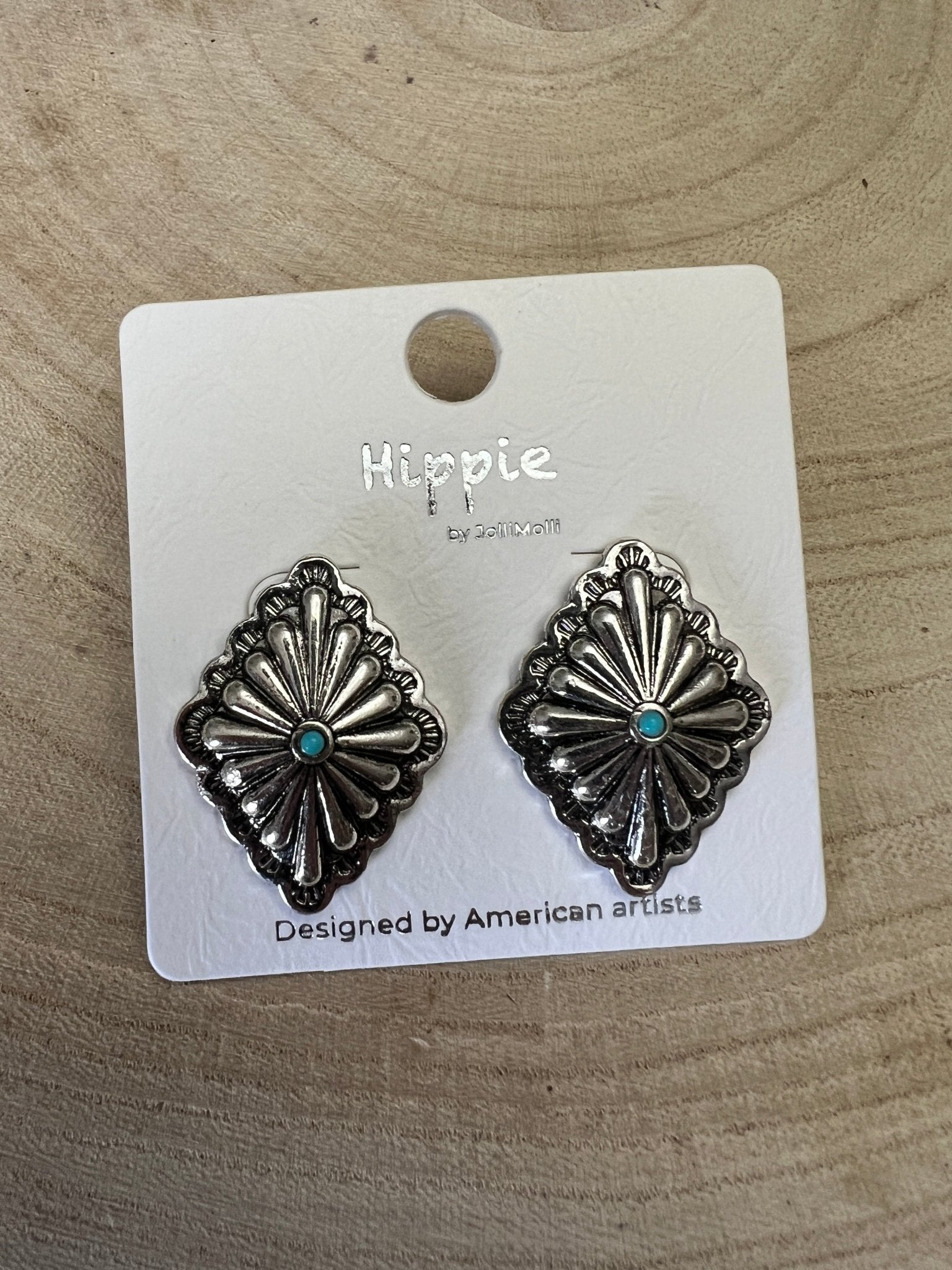 Western Silver & Faux Turquoise Diamond Concho Post Earrings - Cowhide and Conchos