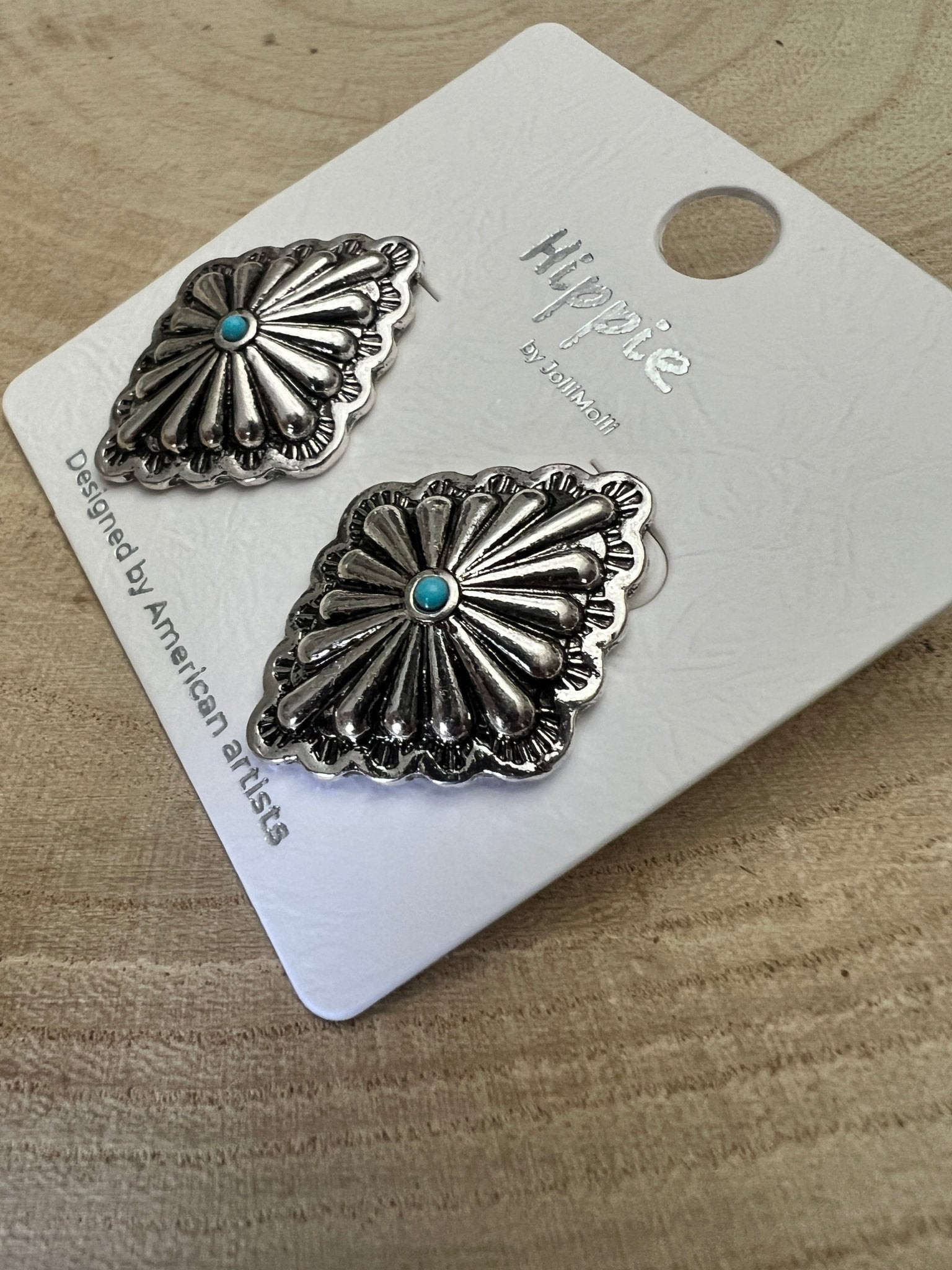 Western Silver & Faux Turquoise Diamond Concho Post Earrings - Cowhide and Conchos