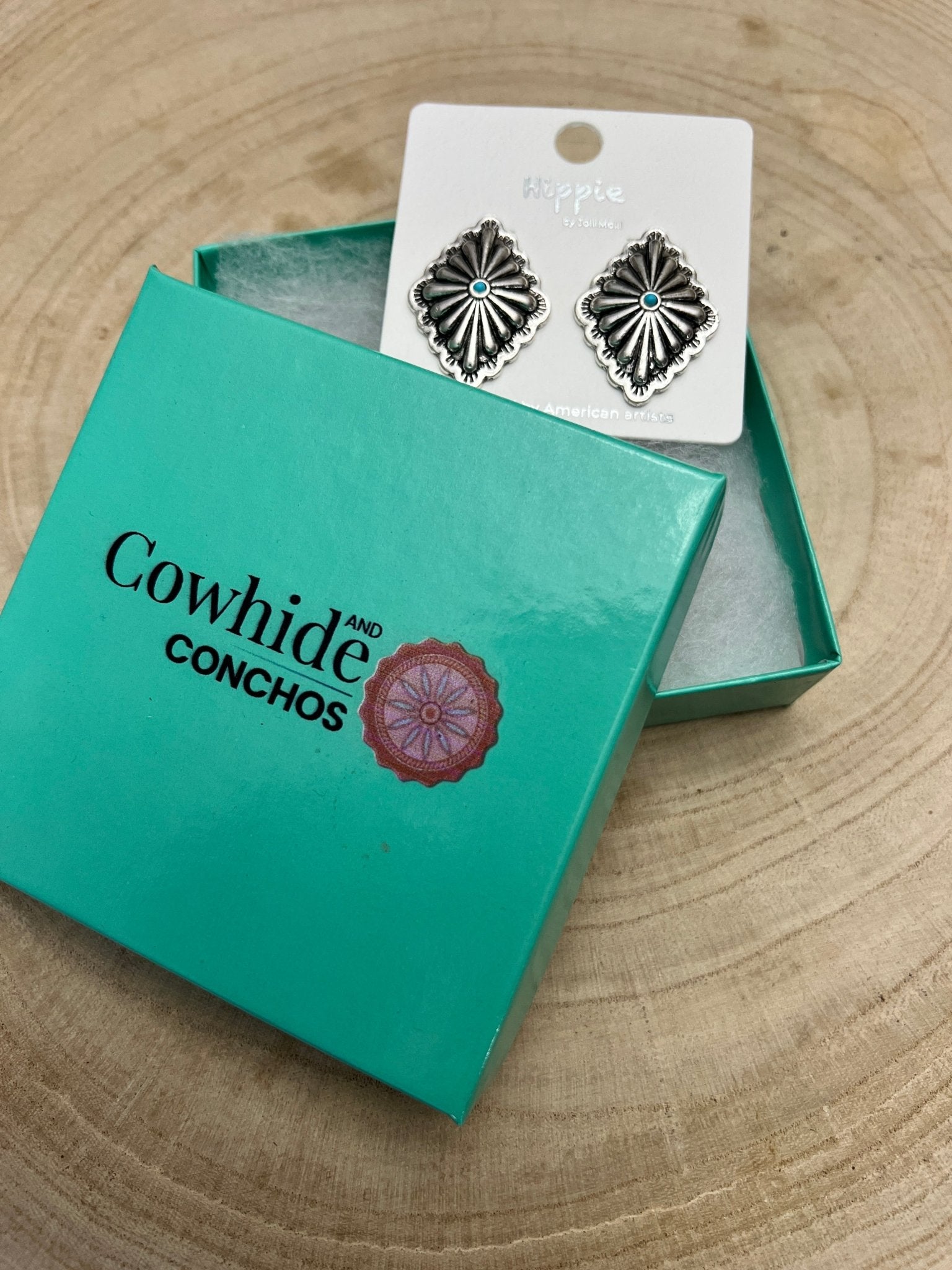 Western Silver & Faux Turquoise Diamond Concho Post Earrings - Cowhide and Conchos