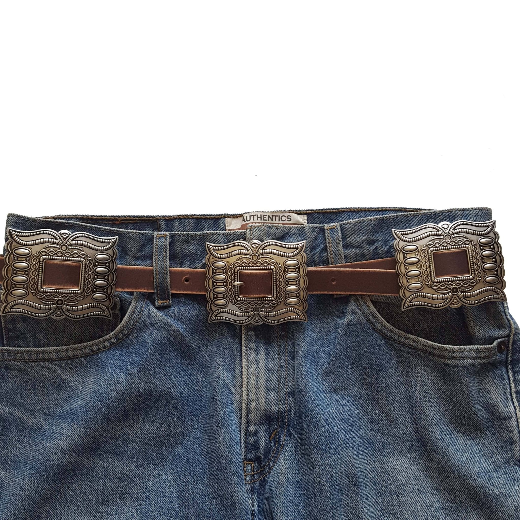 Western Silver Rectangular Concho Leather Belt - Cowhide and Conchos