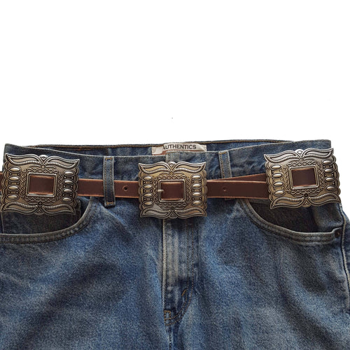 Western Silver Rectangular Concho Leather Belt - Cowhide and Conchos