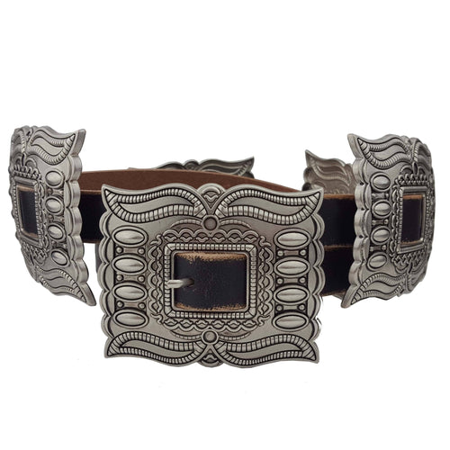 Western Silver Rectangular Concho Leather Belt - Cowhide and Conchos