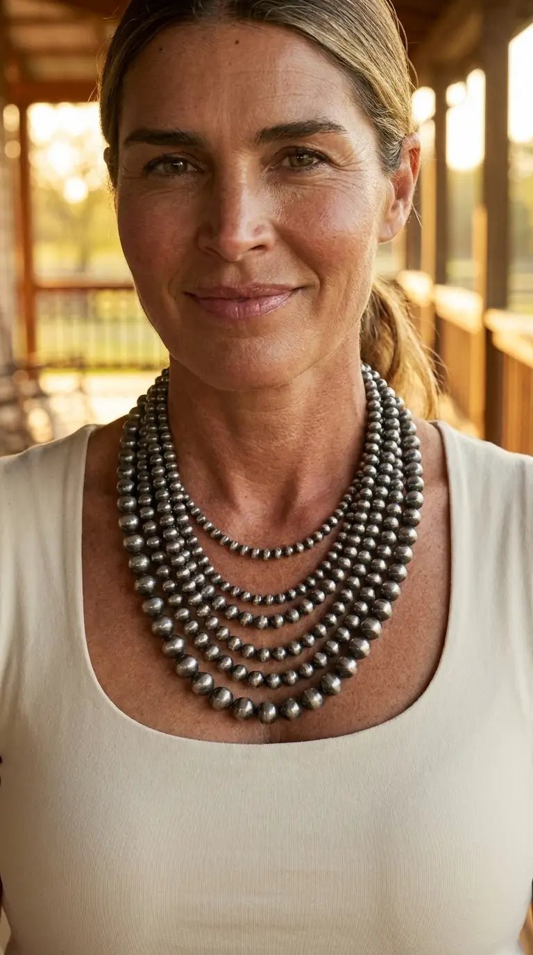 Western Six-Row Faux Sterling Pearl Statement Necklace — Single-Clasp Layered Set - Cowhide and Conchos