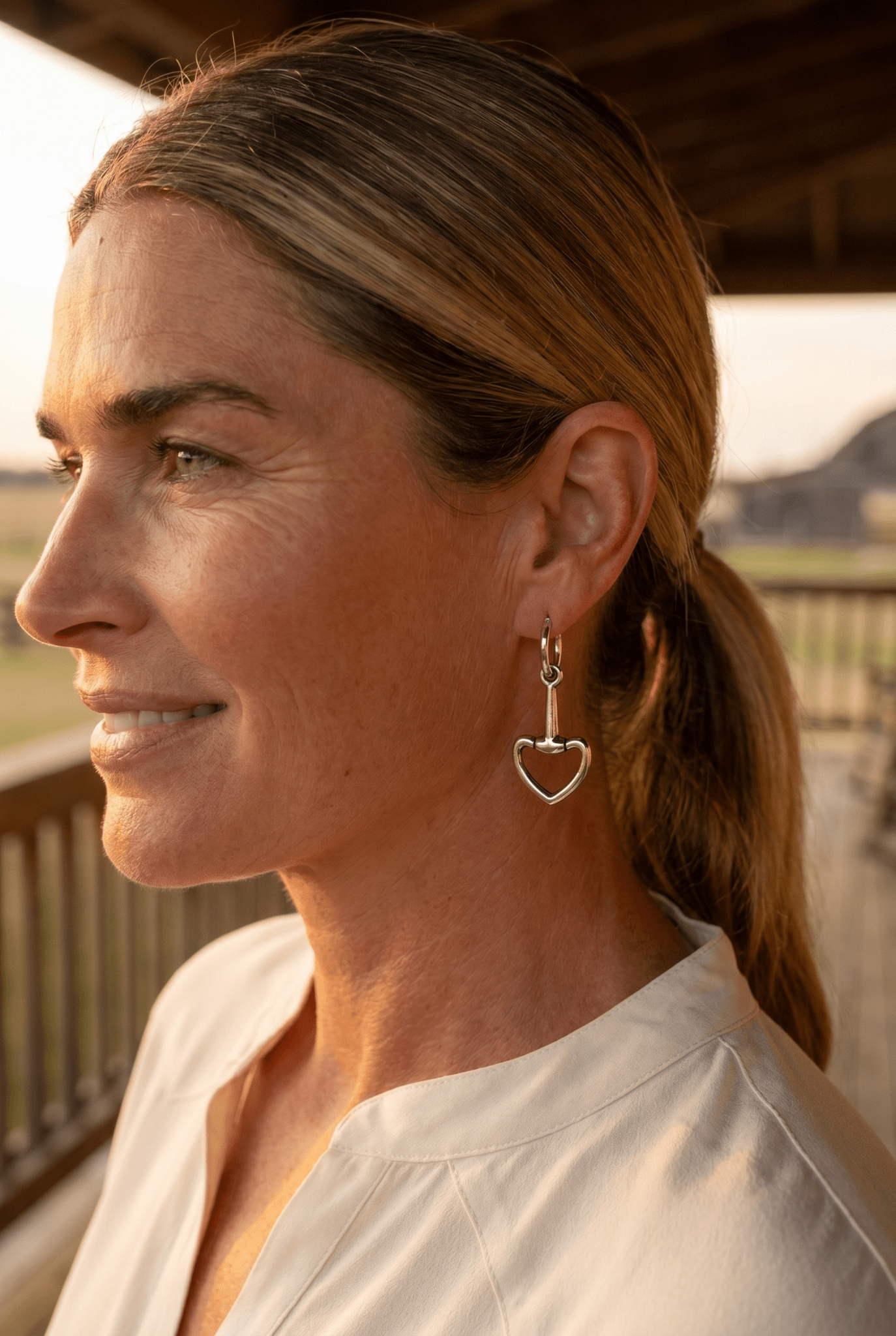 Western Snaffle Bit Dangle Hoop Earrings — Equestrian 1¼" Drop - Cowhide and Conchos