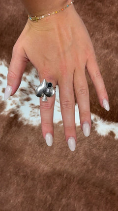 Western Spade Adjustable Cuff Ring with Faux Onyx - Cowhide and Conchos