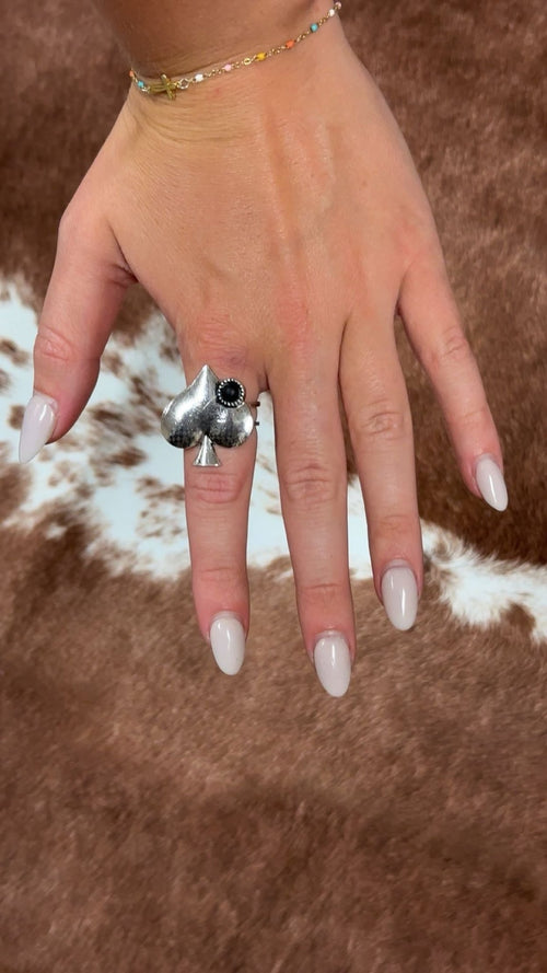 Western Spade Adjustable Cuff Ring with Faux Onyx - Cowhide and Conchos