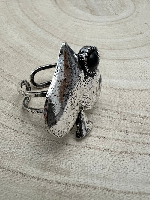 Western Spade Adjustable Cuff Ring with Faux Onyx - Cowhide and Conchos