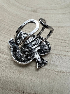Western Spade Adjustable Cuff Ring with Faux Onyx - Cowhide and Conchos